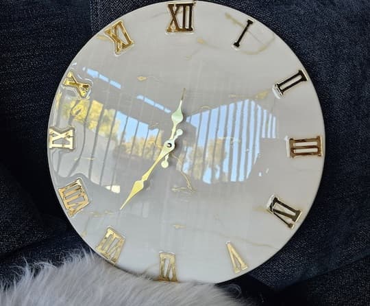 Ivory pearl handmade resin wall clock with gold Roman numerals and marble finish