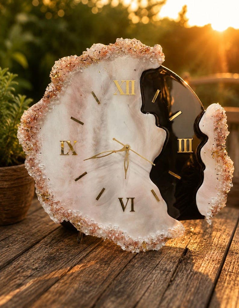 Ivory Onyx luxury white marble resin wall clock with black onyx accent, crystal border and gold Roman numerals