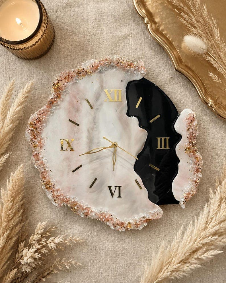 Handmade white marble resin wall clock with black onyx accent