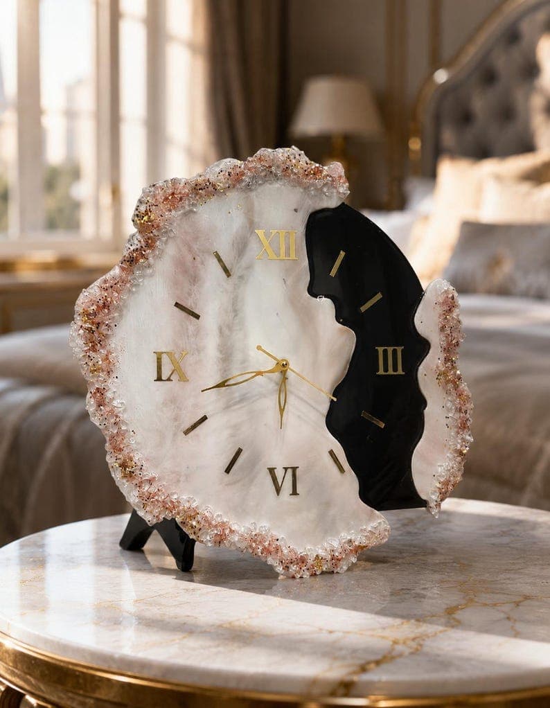 Modern designer white marble wall clock with crystal stone edging