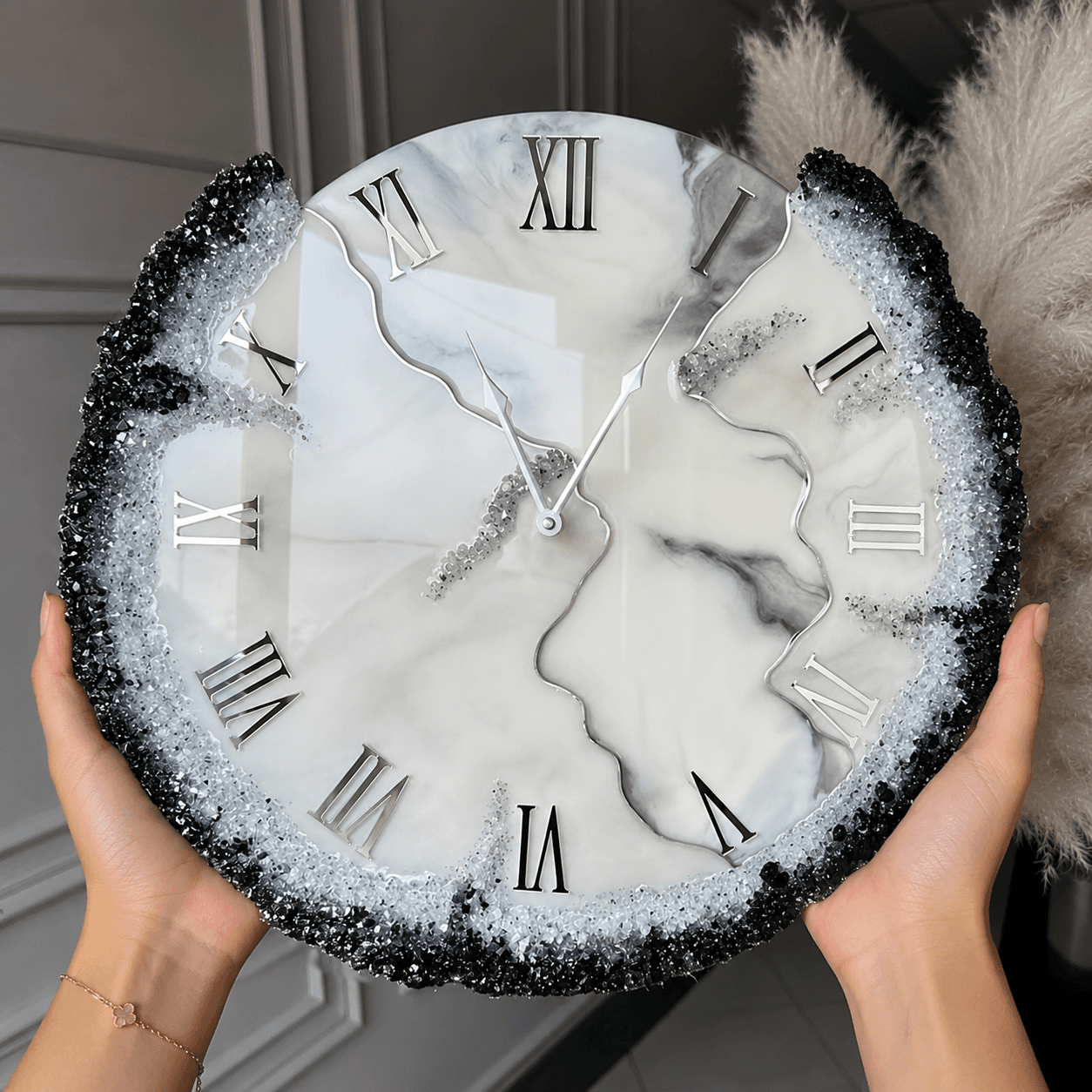 Pearl Onyx luxury white resin wall clock with black crystal stone border, silver Roman numerals and silent movement
