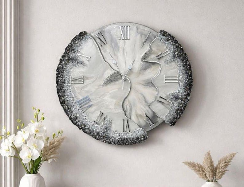 Handmade white marble resin wall clock with black crystal border