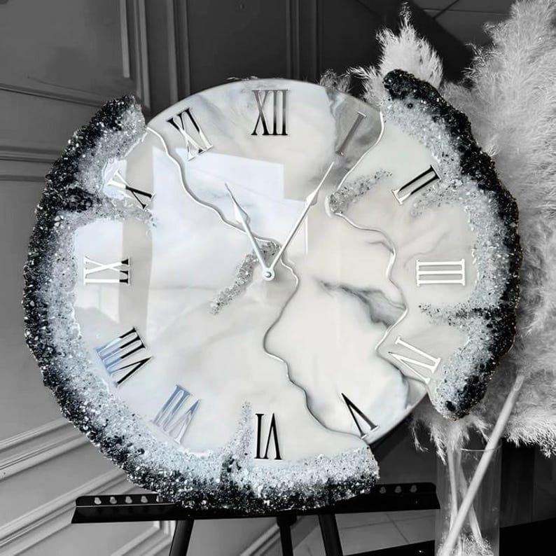 Modern designer white resin wall clock with silver Roman numerals
