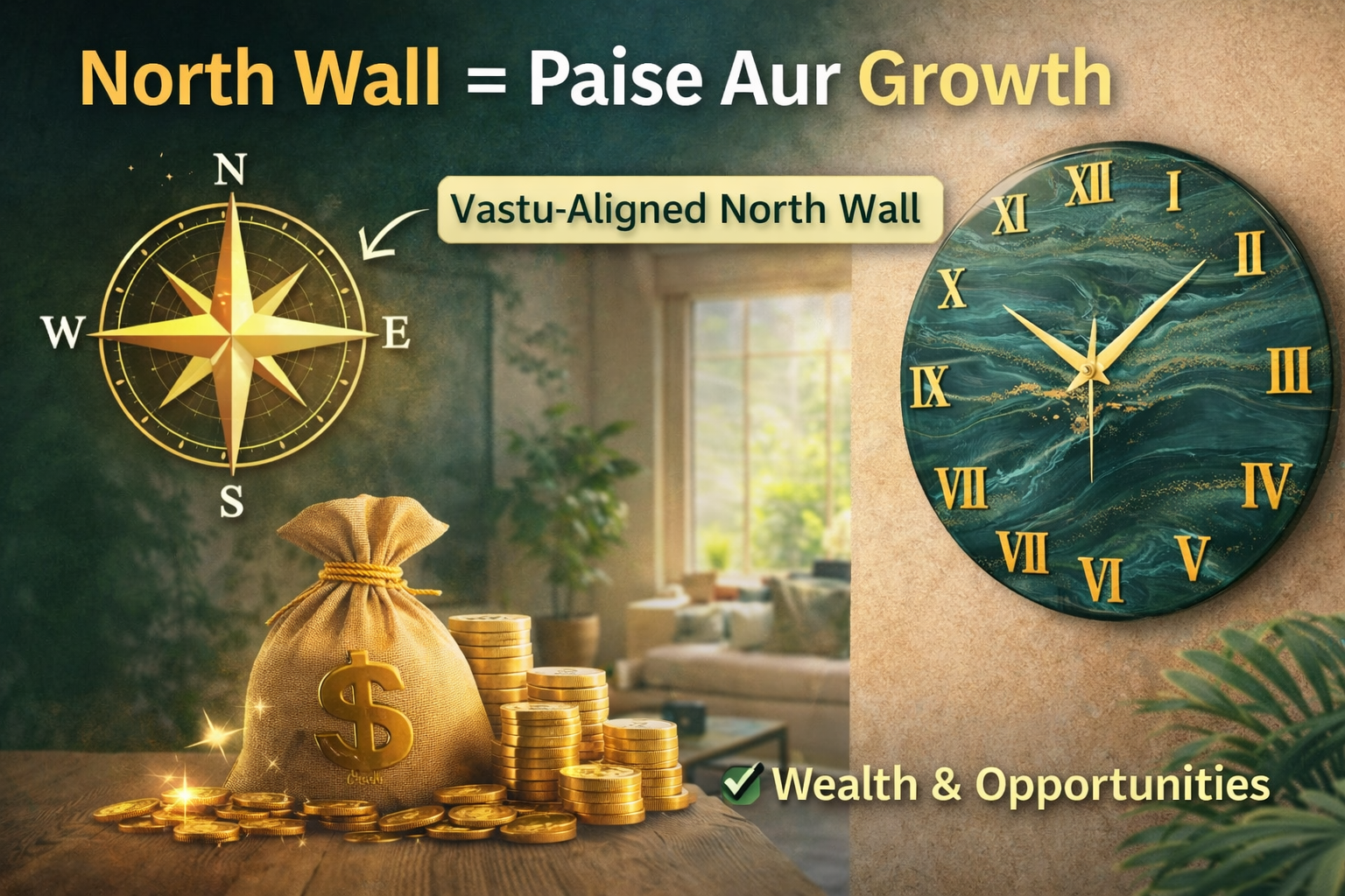 North wall clock vastu placement for wealth and business growth with green resin wall clock and money prosperity concept